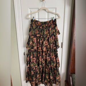 Free People Floral Tiered Maxi Skirt - Black with Olive & Rose (M)